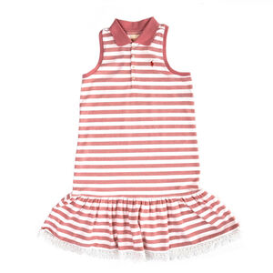 NWT Polo Ralph Lauren Girls Sleeveless Striped Polo Mesh Dress Pink White Lace